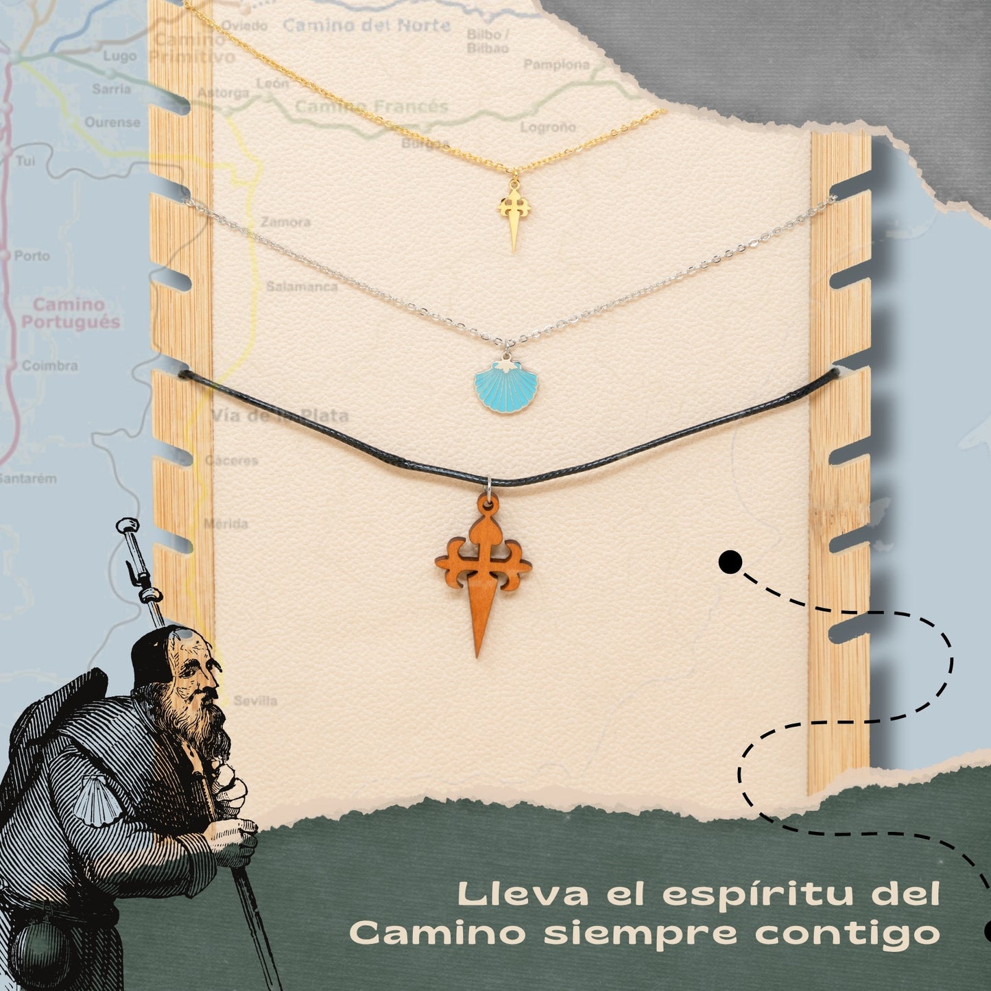 Collar del Camino de Santiago - Conchas de Santiago, recuerdos ruta del peregrino, cruz de santiago, joyas mujer + regalo una pulsera de 7 nudos.
