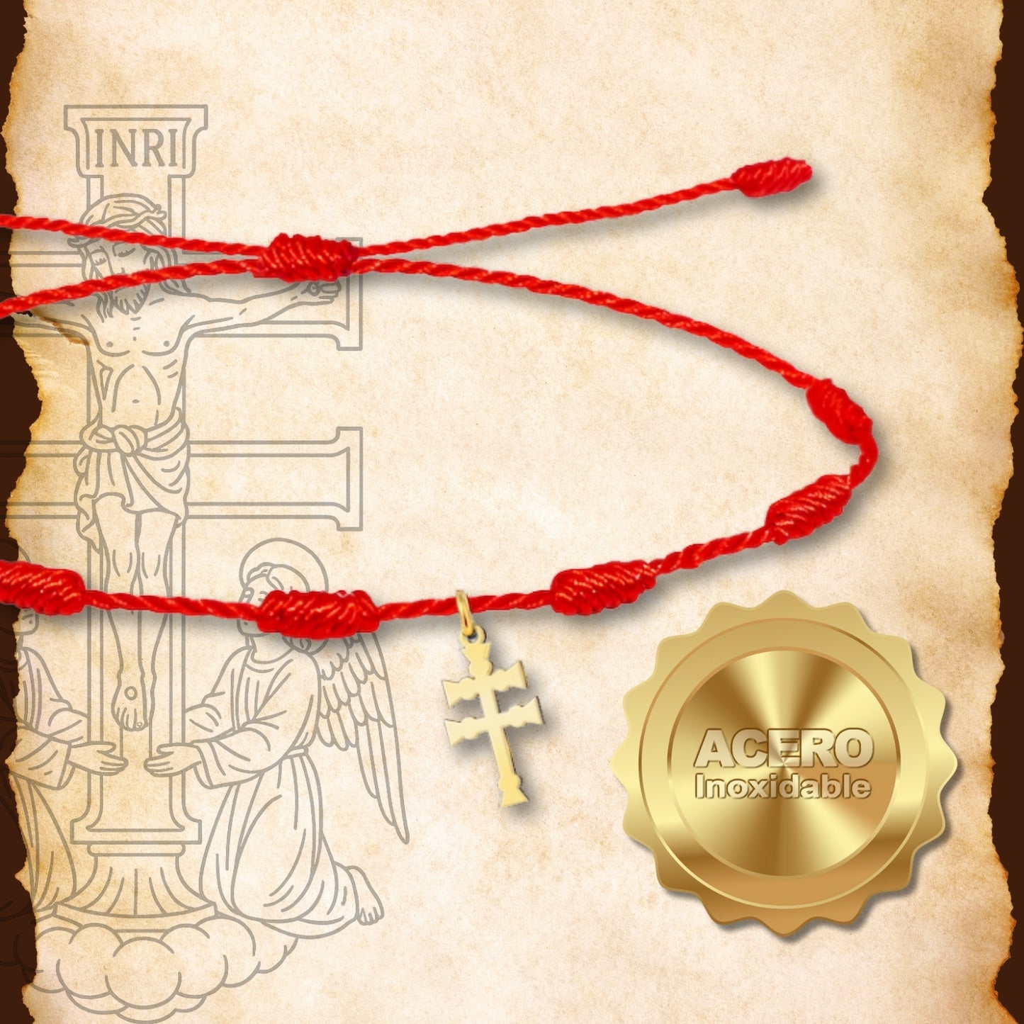 Pulsera 7 nudos con Cruz Caravaca Acero Color Dorado