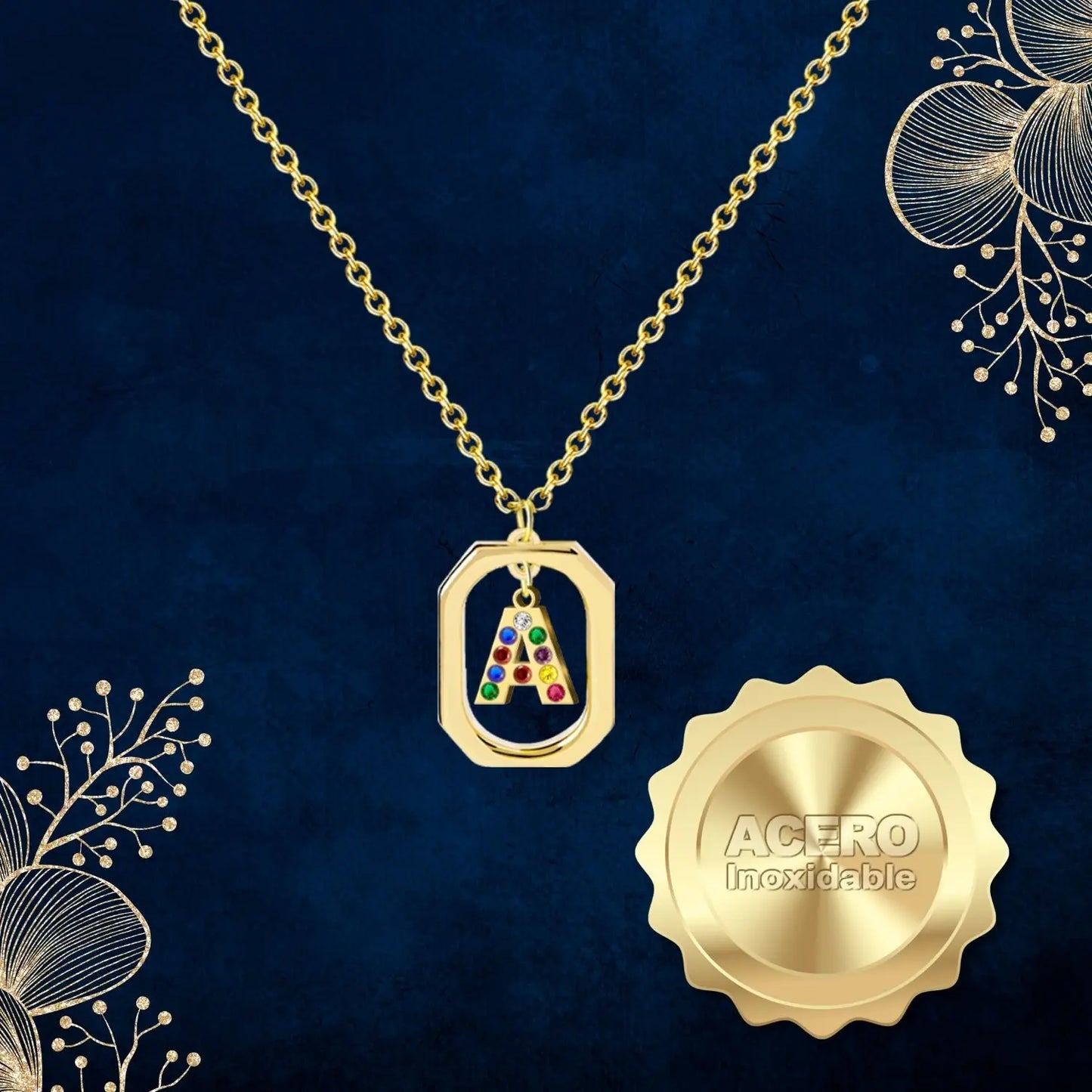 Colgante Letra Inicial A Acero con Circonita color Dorado - cotigo