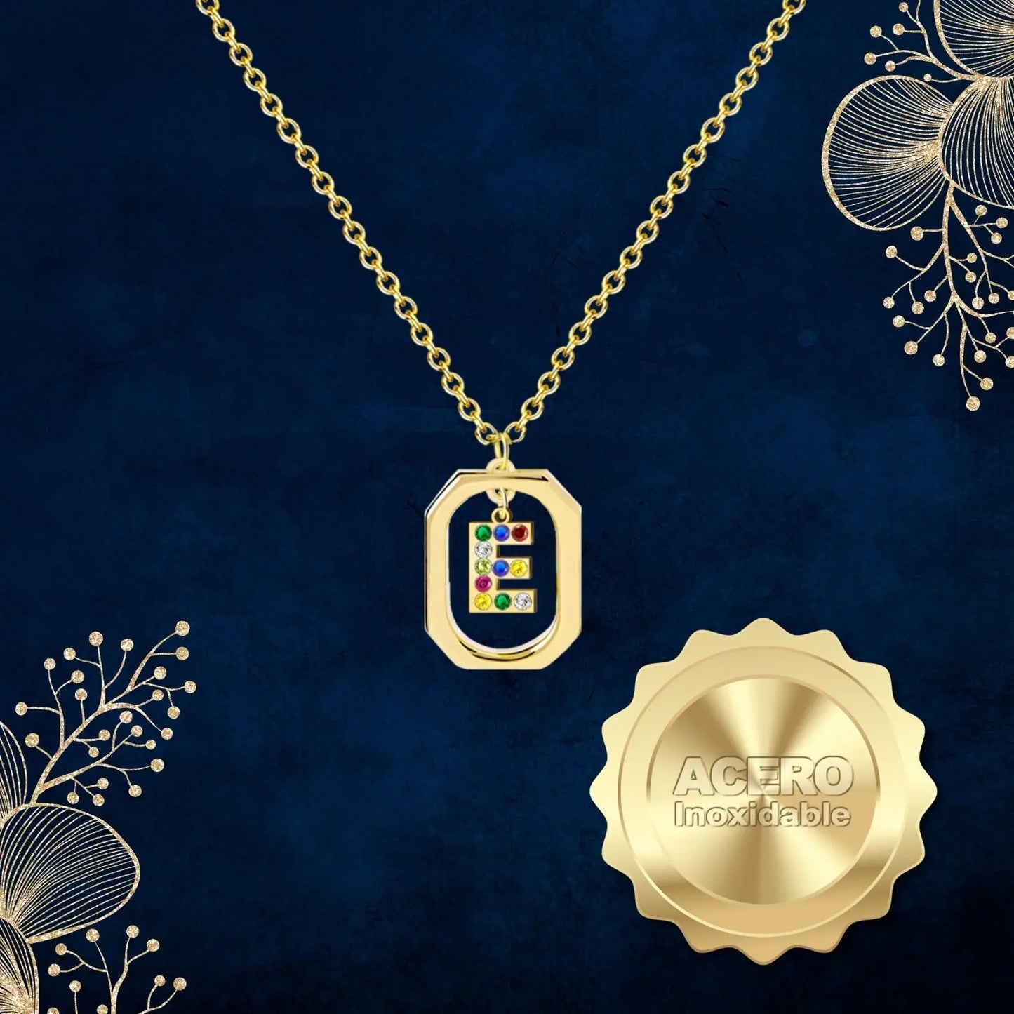 Colgante Letra Inicial E Acero con Circonita color Dorado - cotigo