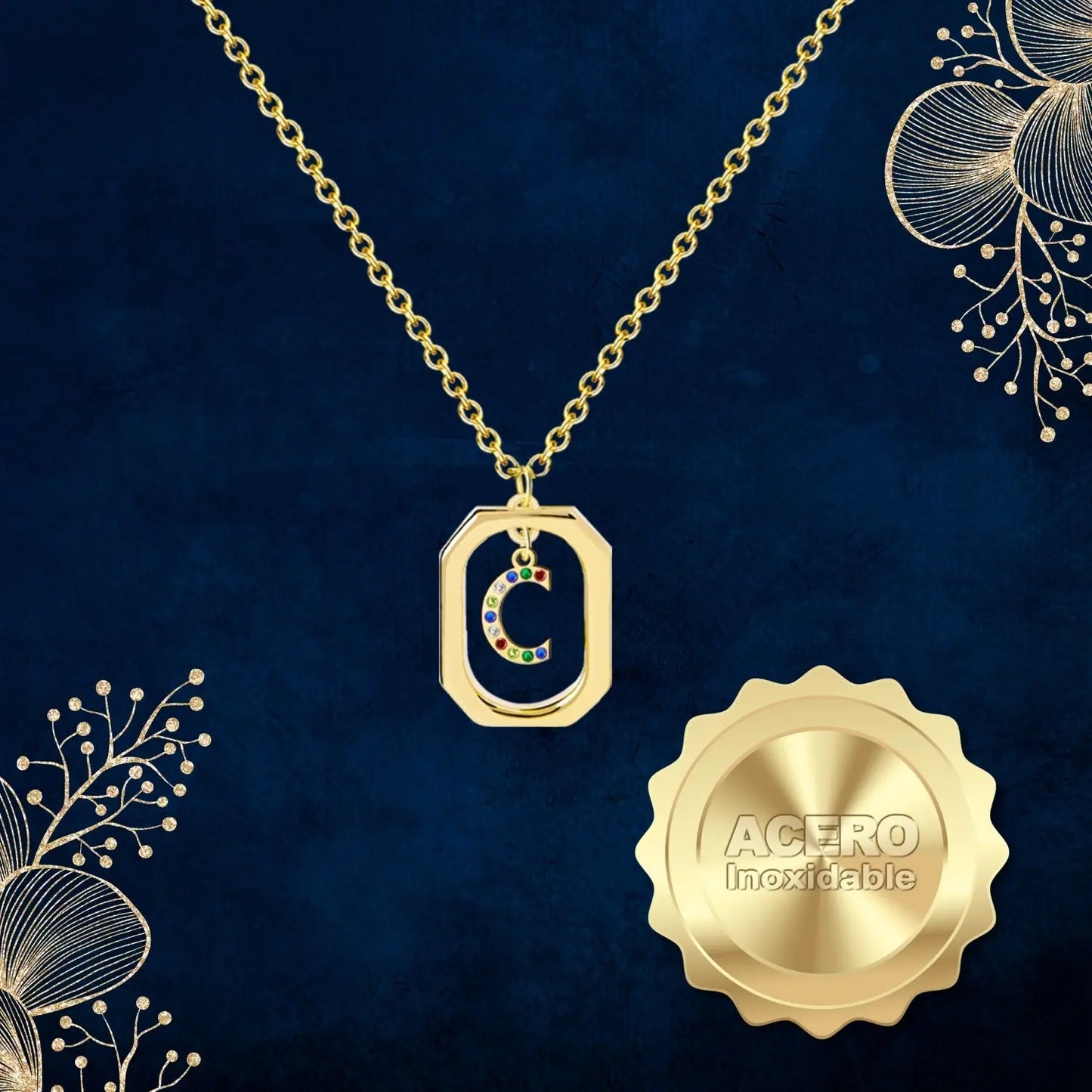 Colgante Letra Inicial C Acero con Circonita color Dorado - cotigo