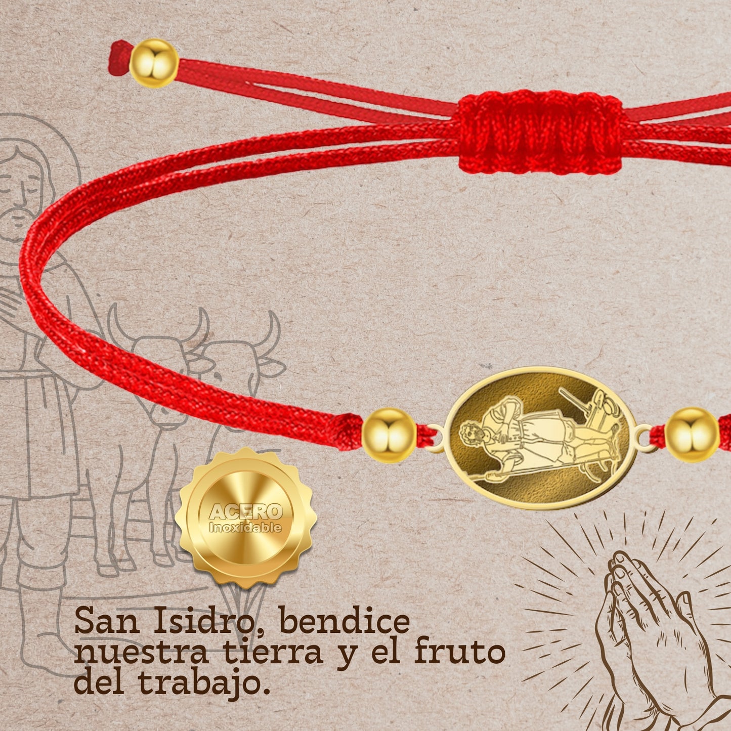 Pulsera Hilo Encerado con SAN ISIDRO LABRADOR color Dorado