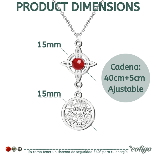 Colgante Triple Protección: Nudo de Bruja, Tetragrámaton y Carneola en Acero Inoxidable