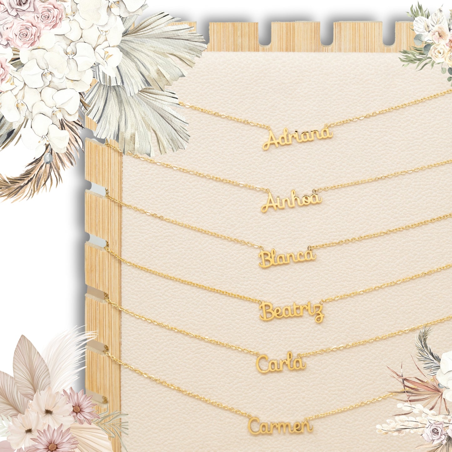 Collar con Nombre en Acero Inoxidable, Color Dorado, Incluye Tarjeta con el Significado de 60 Nombres + Caja de Regalo y Pulsera 7 Nudos de Regalo