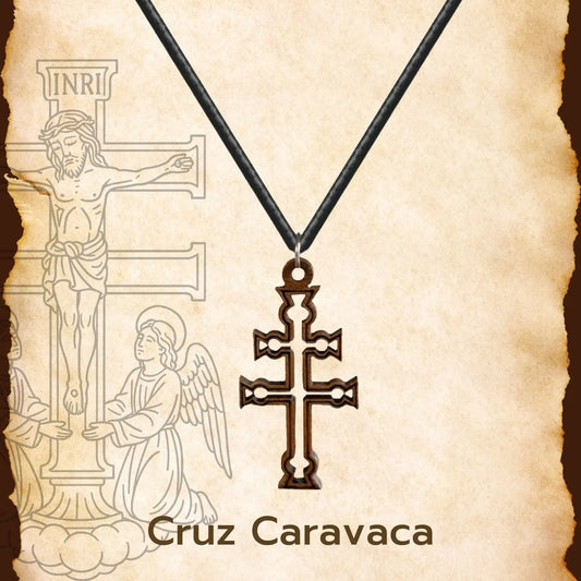 Colgante Cruz de Caravaca en Madera Natural y Acero - cotigo