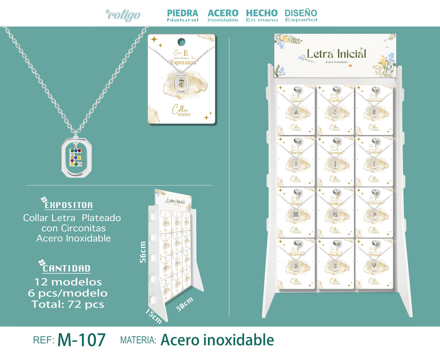 Collar Octogonal con Letra Plateado de Circonitas