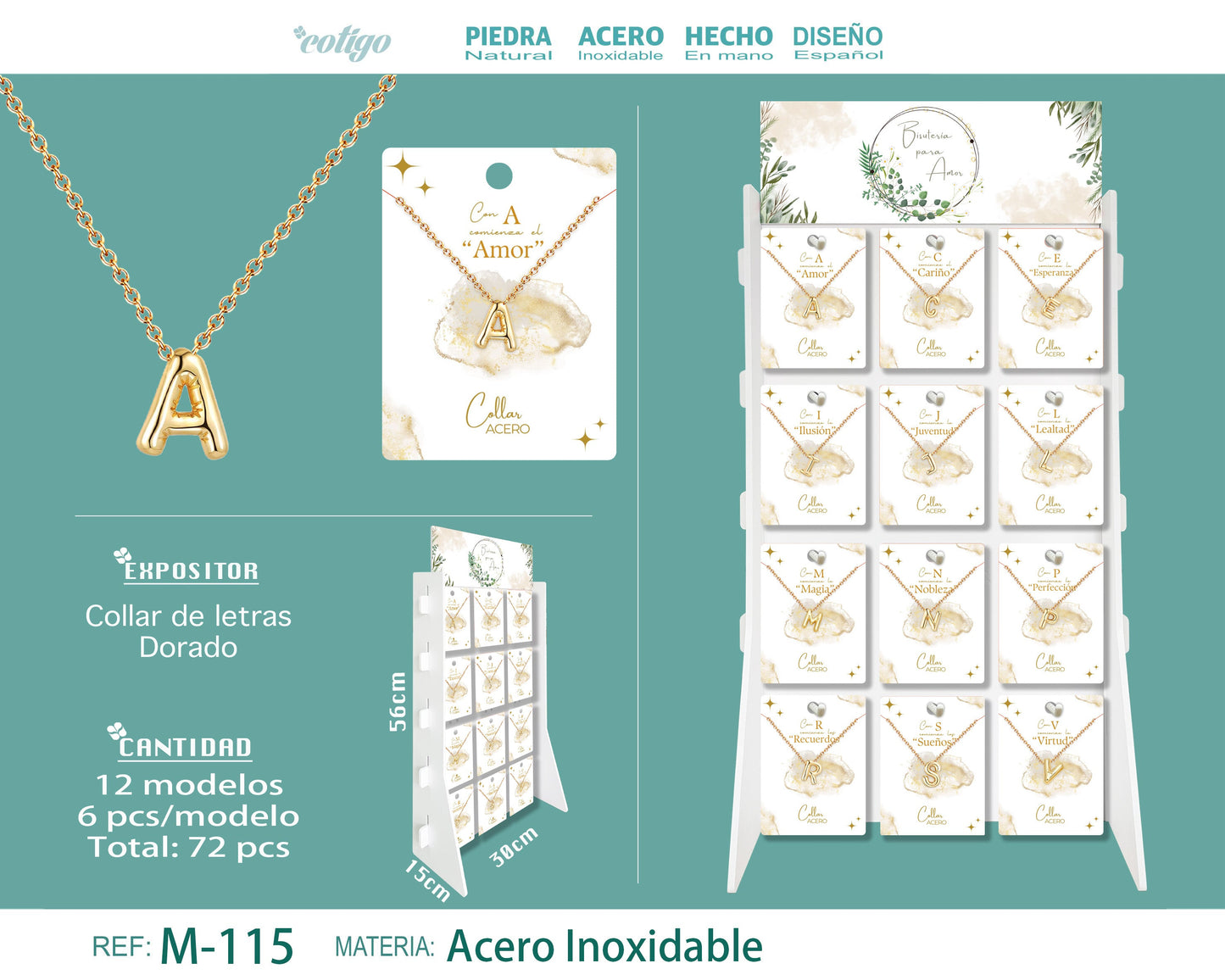 Collar Acero con Letra Globo Dorado