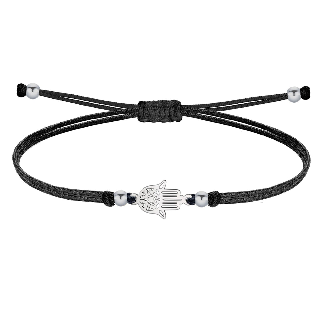 Pulsera de hilo negro con mano calada en tono plateado, unida por dos extremos y cierre de nudo corredizo.