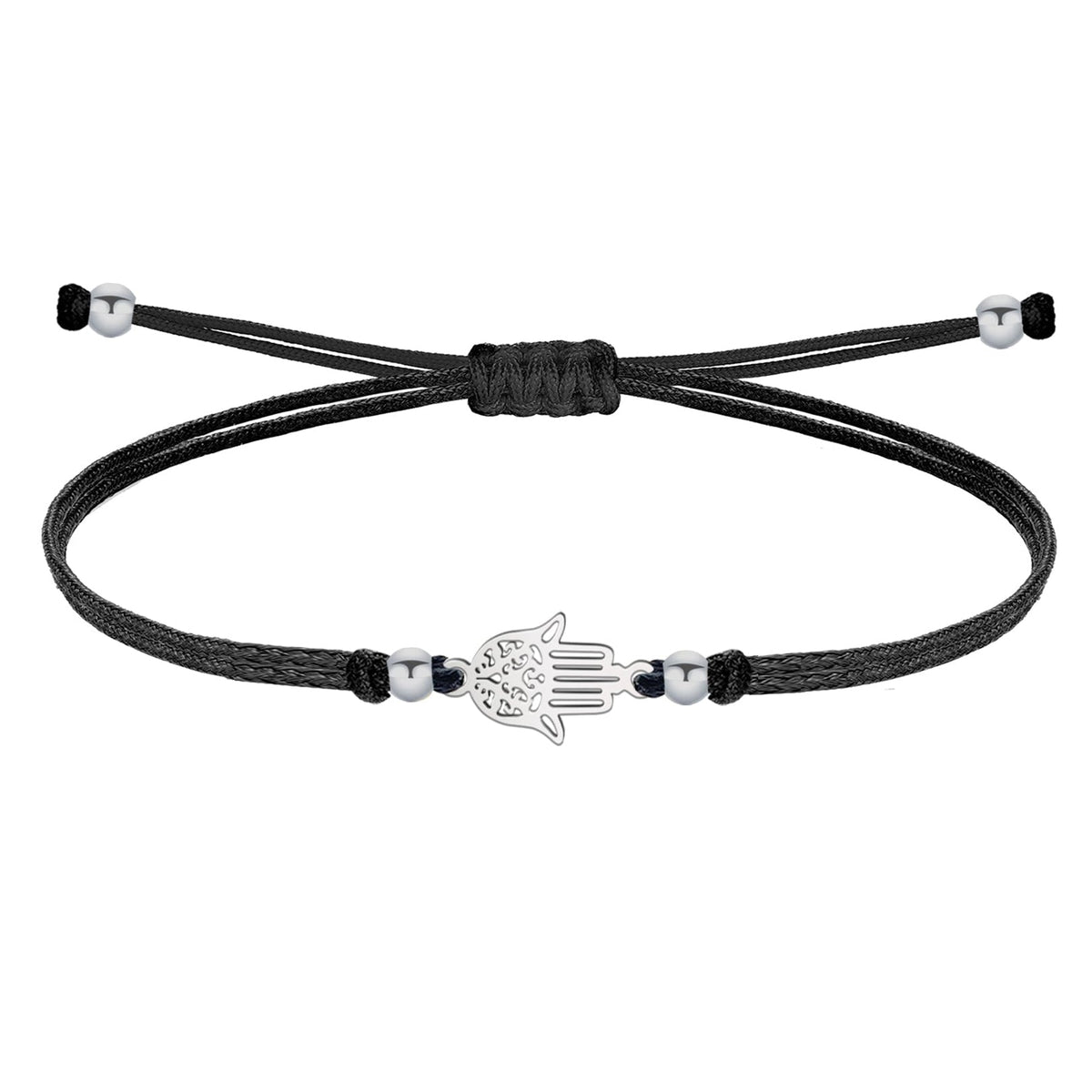 Pulsera de hilo negro con mano calada en tono plateado, unida por dos extremos y cierre de nudo corredizo.
