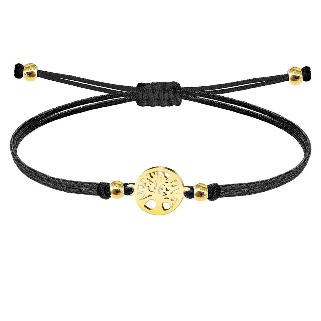 Pulsera de hilo negro con árbol calado circular de acabado dorado y nudo de ajuste