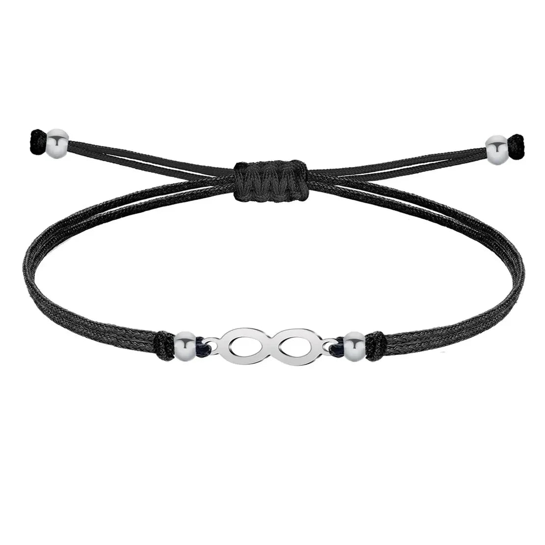 Pulsera de hilo negro con símbolo de infinito plateado