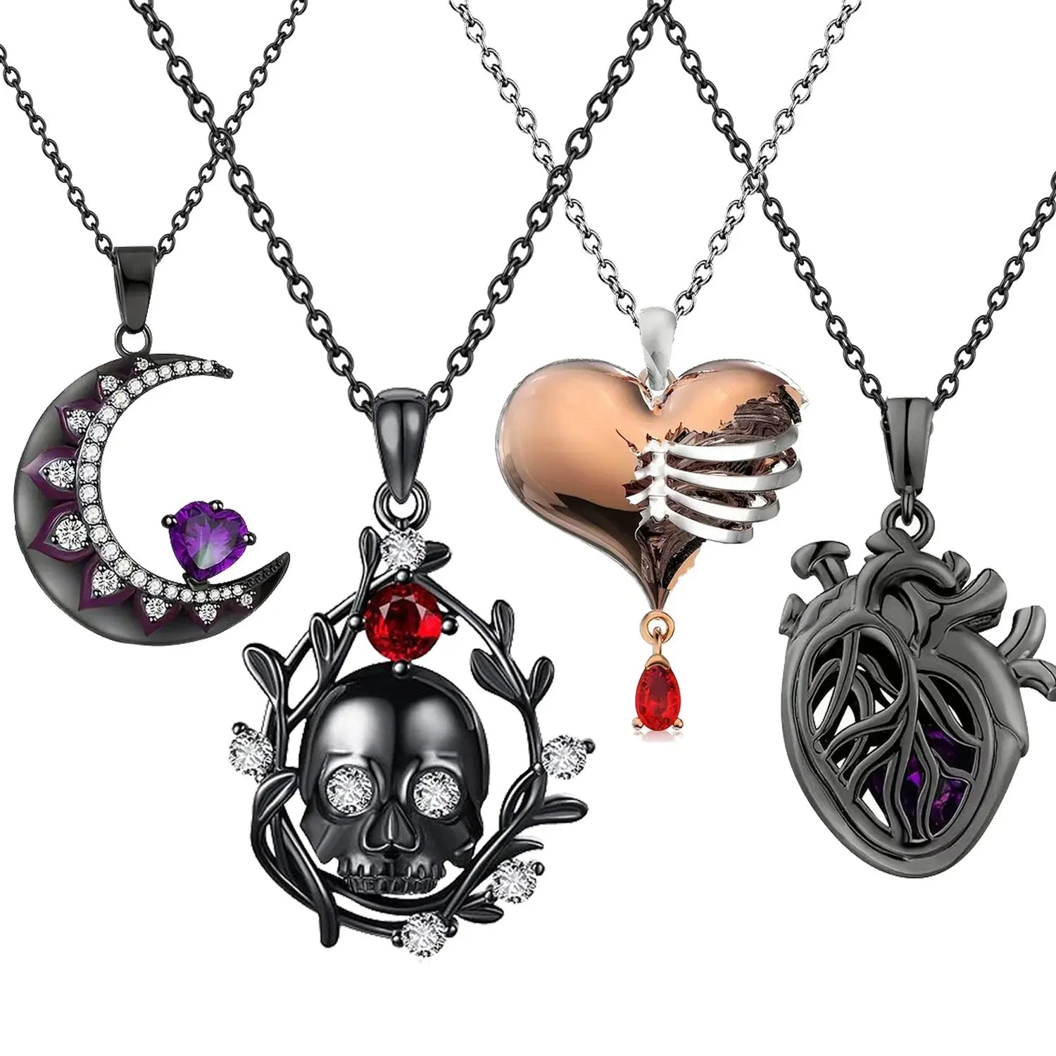 Colección de collares góticos con diseños variados: calaveras de amor eterno, corazones anatómicos, lunas con cristales y fénix en metal negro y plateado.