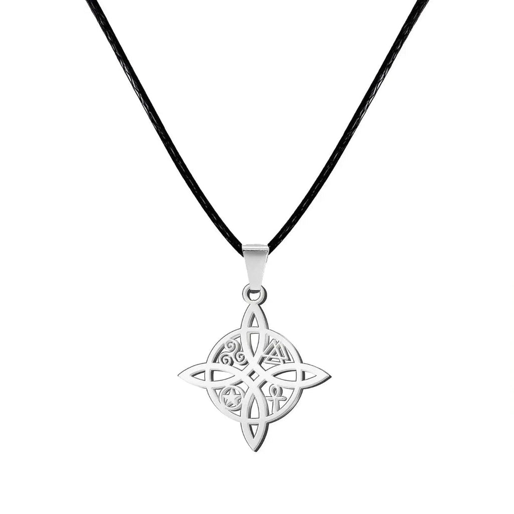 Colgante del Nudo de Bruja en acero inoxidable plateado brillante. Amuleto de protección celta geométrico y resistente.