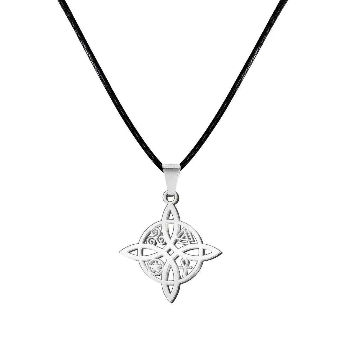 Colgante del Nudo de Bruja en acero inoxidable plateado brillante. Amuleto de protección celta geométrico y resistente.