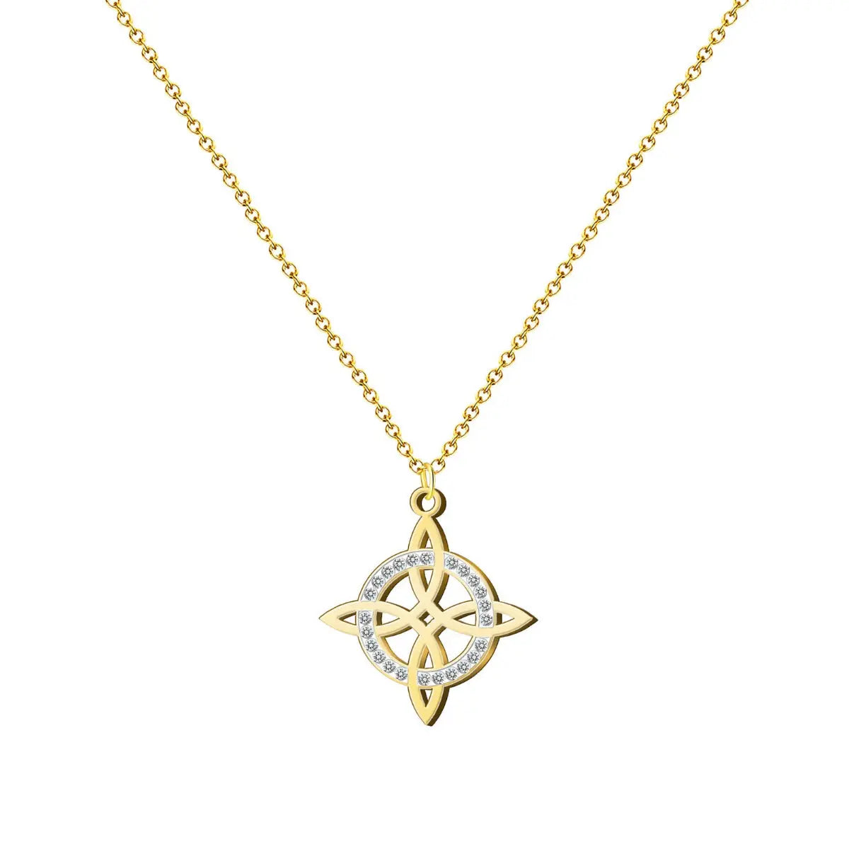 Collar fino con colgante de la silueta recortada del Nudo de Bruja en acero inoxidable dorado. Diseño geométrico minimalista y elegante.