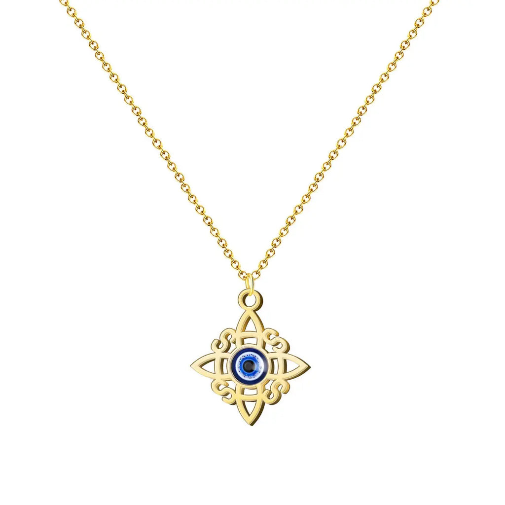 Collar de acero inoxidable dorado con colgante del Nudo de Bruja y detalle central de Ojo Turco azul. Amuleto de doble protección contra el mal de ojo.