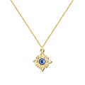 Collar de acero inoxidable dorado con colgante del Nudo de Bruja y detalle central de Ojo Turco azul. Amuleto de doble protección contra el mal de ojo.