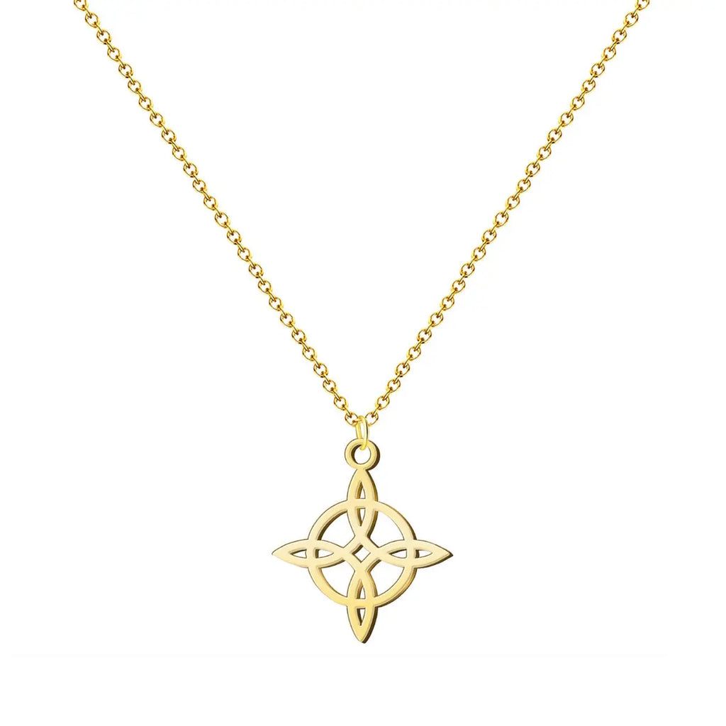 Collar de acero inoxidable con acabado dorado y colgante silueta del Nudo de Bruja. Diseño calado, elegante y luminoso.