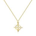 Collar de acero inoxidable con acabado dorado y colgante silueta del Nudo de Bruja. Diseño calado, elegante y luminoso.