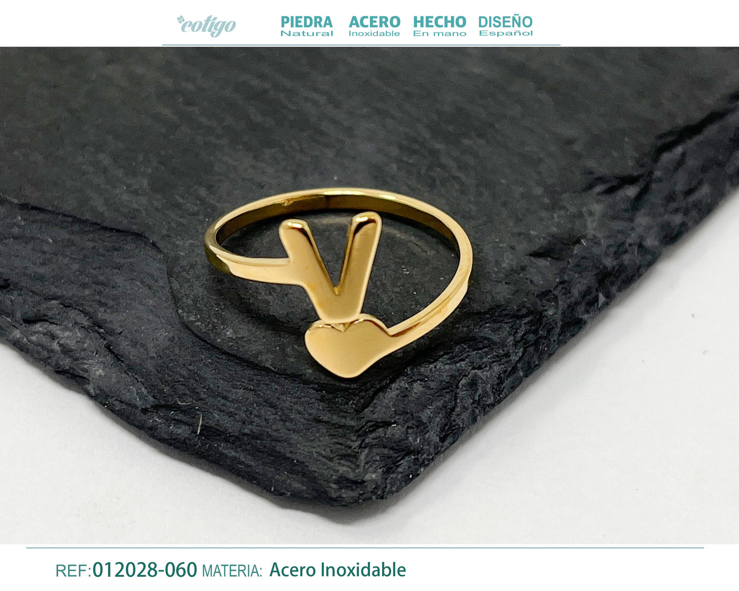 Anillo Acero letra V color Dorado