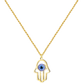 Collar de acero inoxidable dorado con colgante de Mano de Fátima y ojo turco azul central.