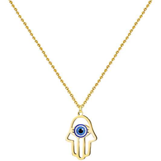 Collar de acero inoxidable dorado con colgante de Mano de Fátima y ojo turco azul central.