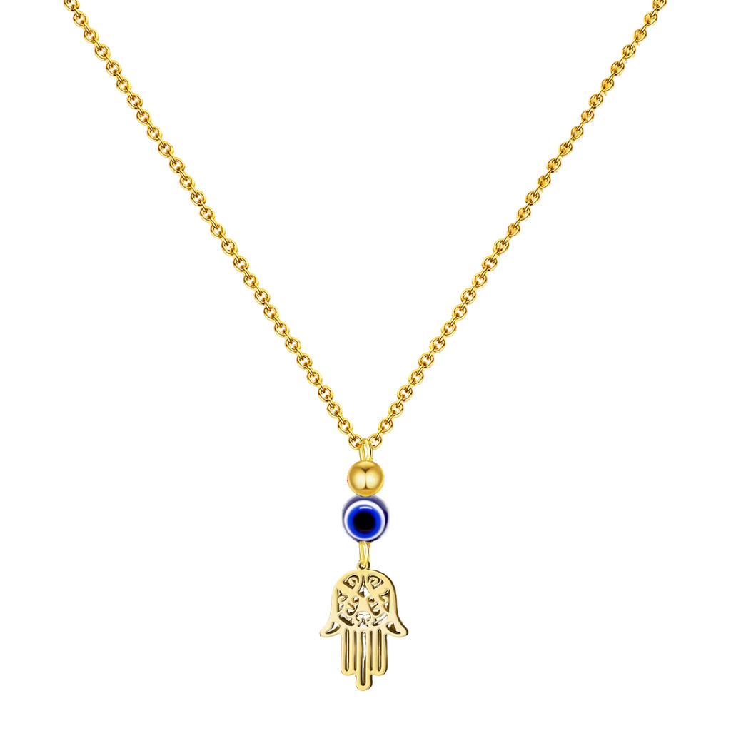 Collar de acero inoxidable dorado con colgante de Mano de Fátima calada, perla dorada y ojo turco azul.