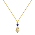 Collar de acero inoxidable dorado con colgante de Mano de Fátima calada, perla dorada y ojo turco azul.