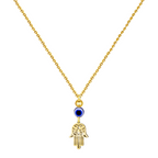 Collar de acero inoxidable dorado con colgante de Mano de Fátima calada, perla dorada y ojo turco azul.