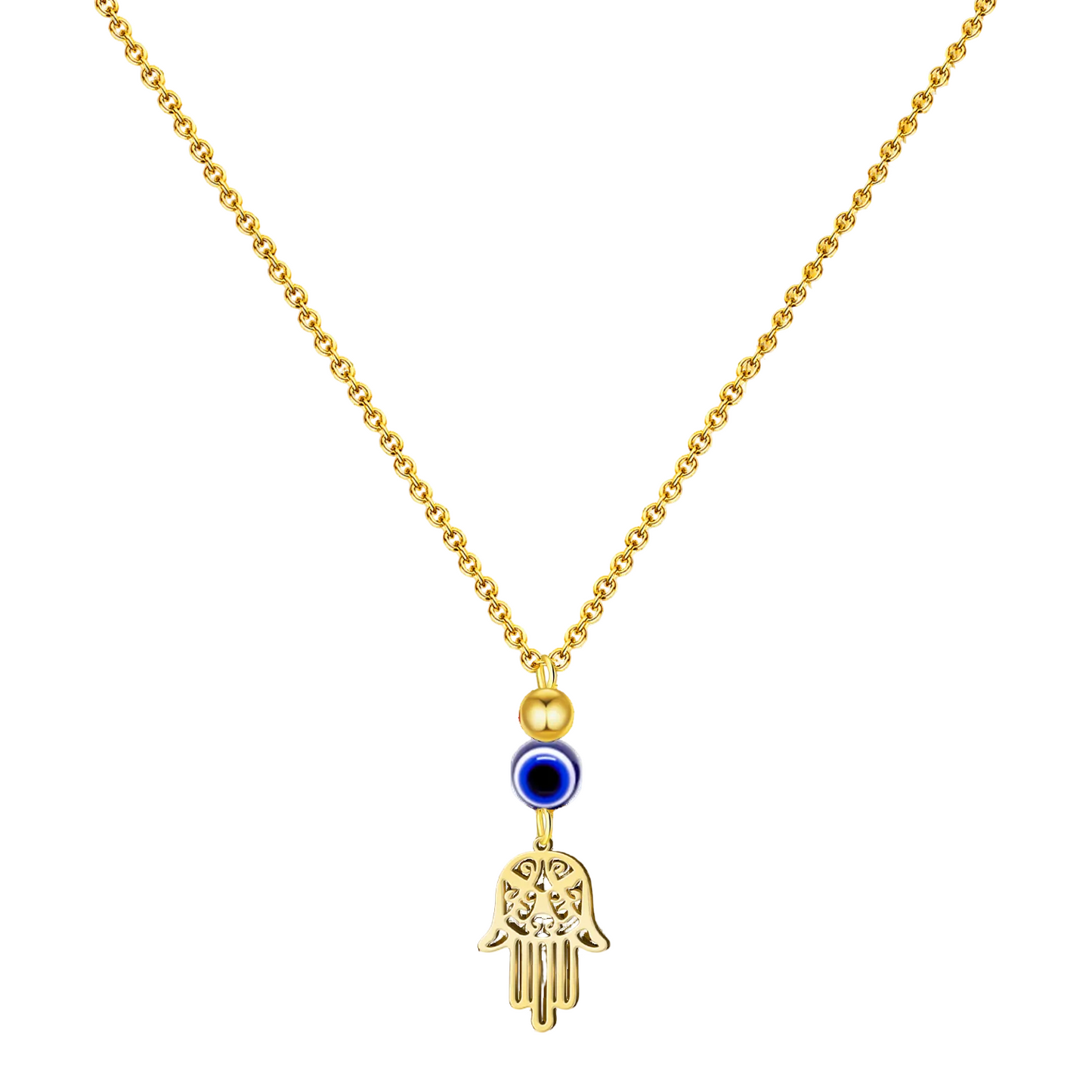 Collar de acero inoxidable dorado con colgante de Mano de Fátima calada, perla dorada y ojo turco azul.