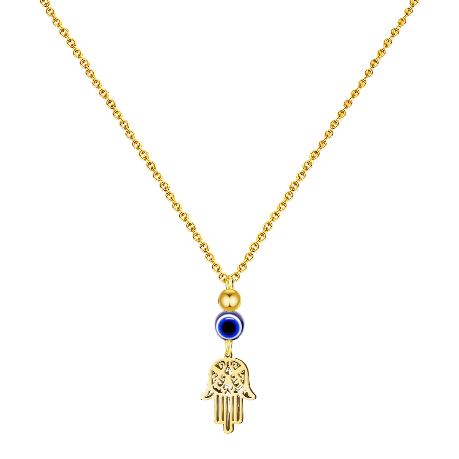 Collar de acero inoxidable dorado con colgante de Mano de Fátima calada, perla dorada y ojo turco azul.