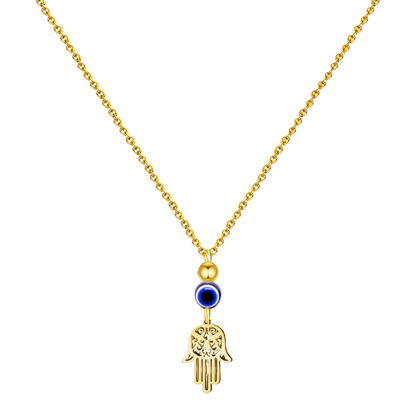 Collar de acero inoxidable dorado con colgante de Mano de Fátima calada, perla dorada y ojo turco azul.