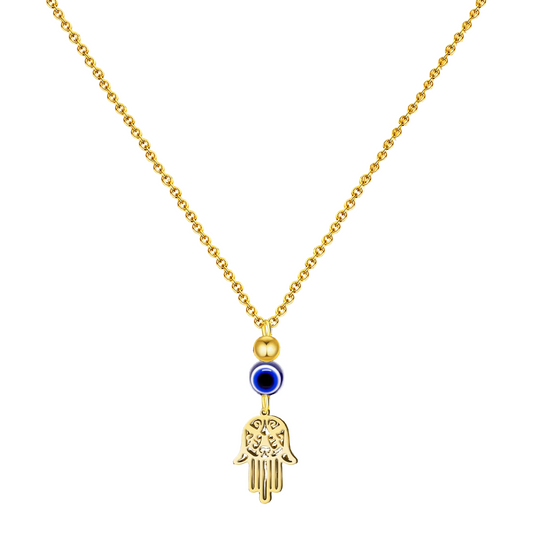 Collar de acero inoxidable dorado con colgante de Mano de Fátima calada, perla dorada y ojo turco azul.
