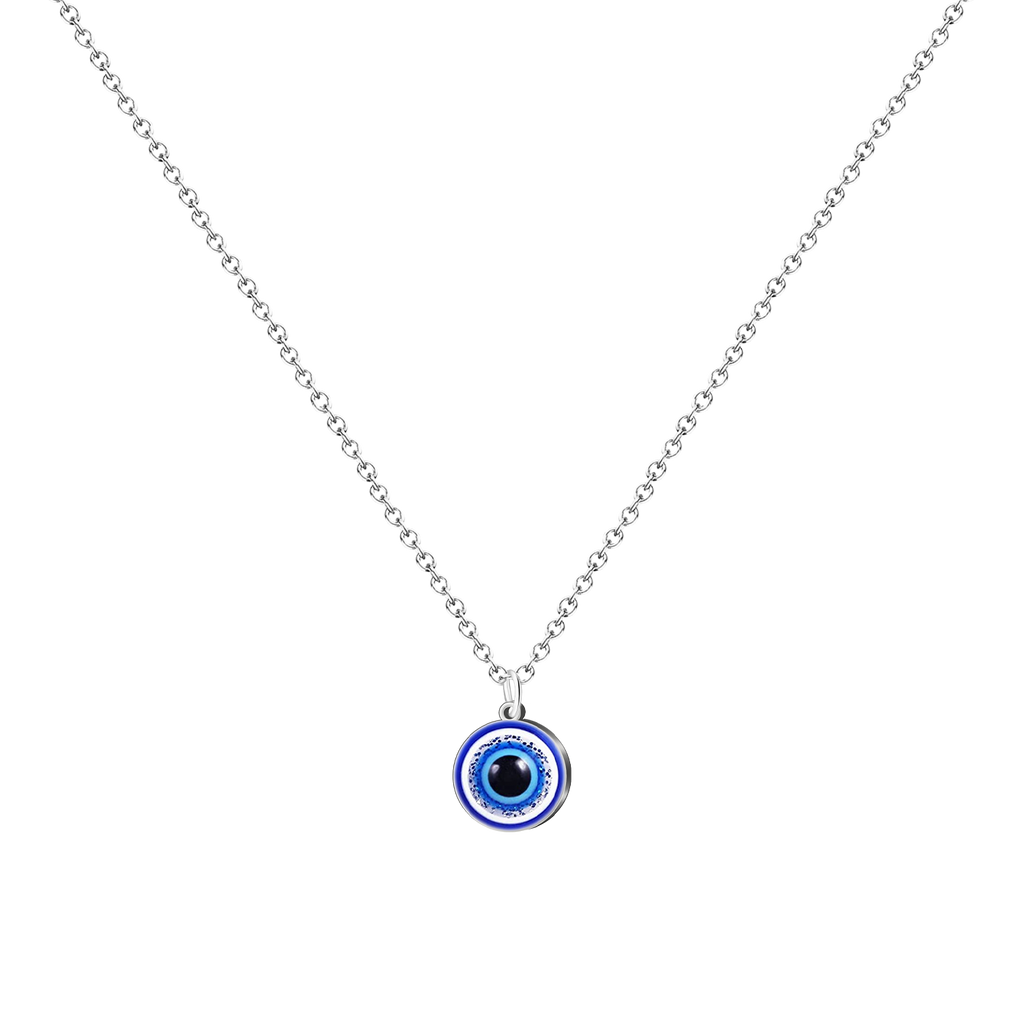 Collar de acero inoxidable plateado con colgante circular de ojo turco azul y cerco de cristales blancos brillantes.