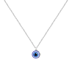 Collar de acero inoxidable plateado con colgante circular de ojo turco azul y cerco de cristales blancos brillantes.