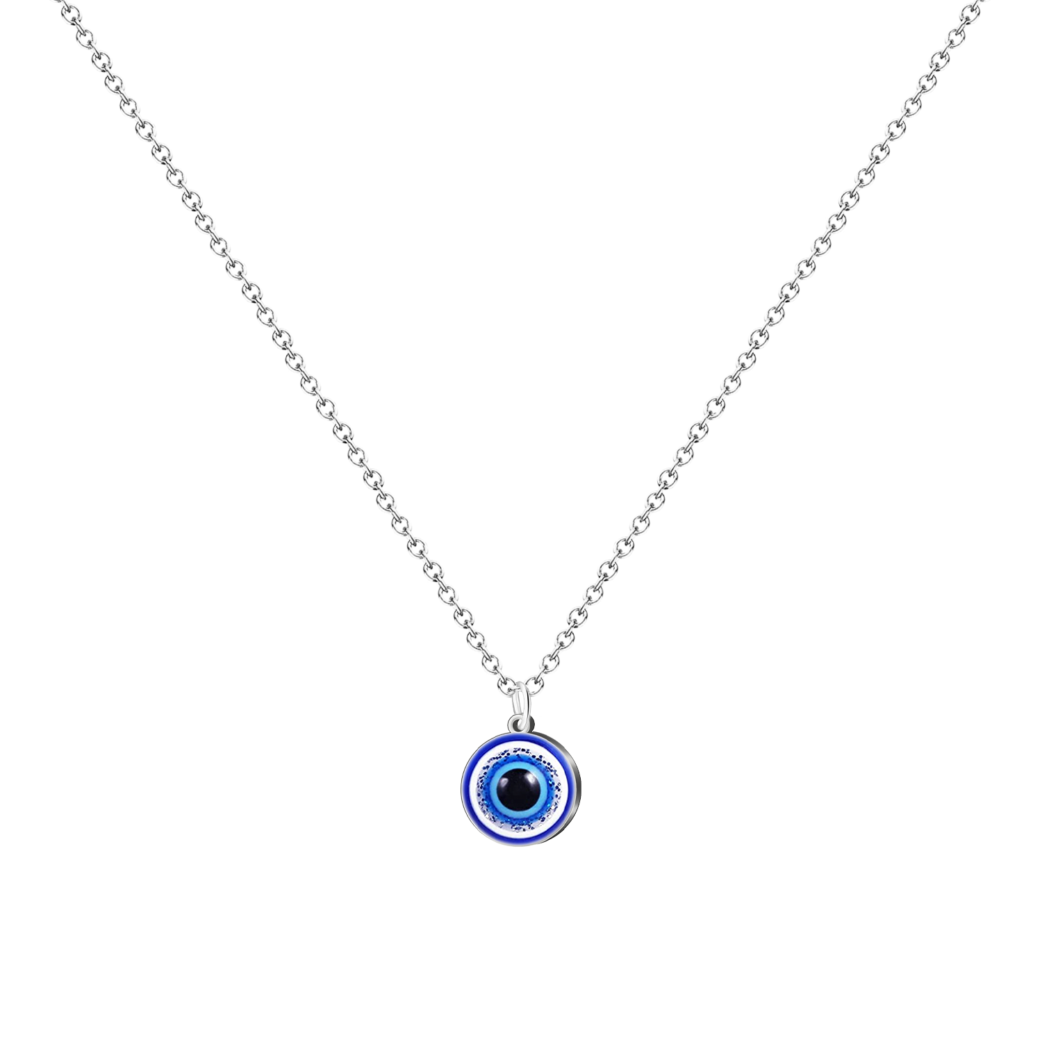 Collar de acero inoxidable plateado con colgante circular de ojo turco azul y cerco de cristales blancos brillantes.
