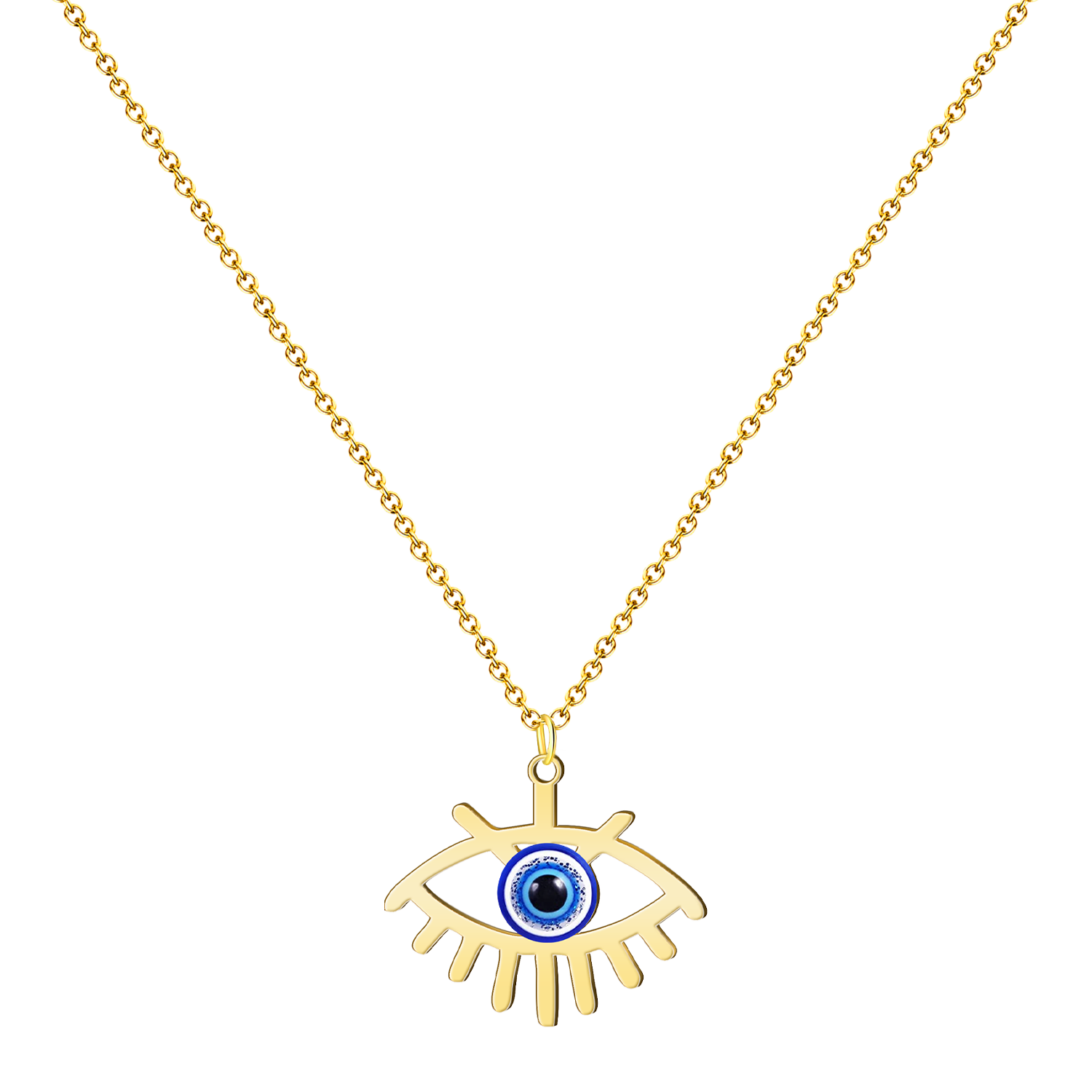 Collar de acero inoxidable con colgante circular de ojo turco azul y cerco de cristales blancos brillantes.
