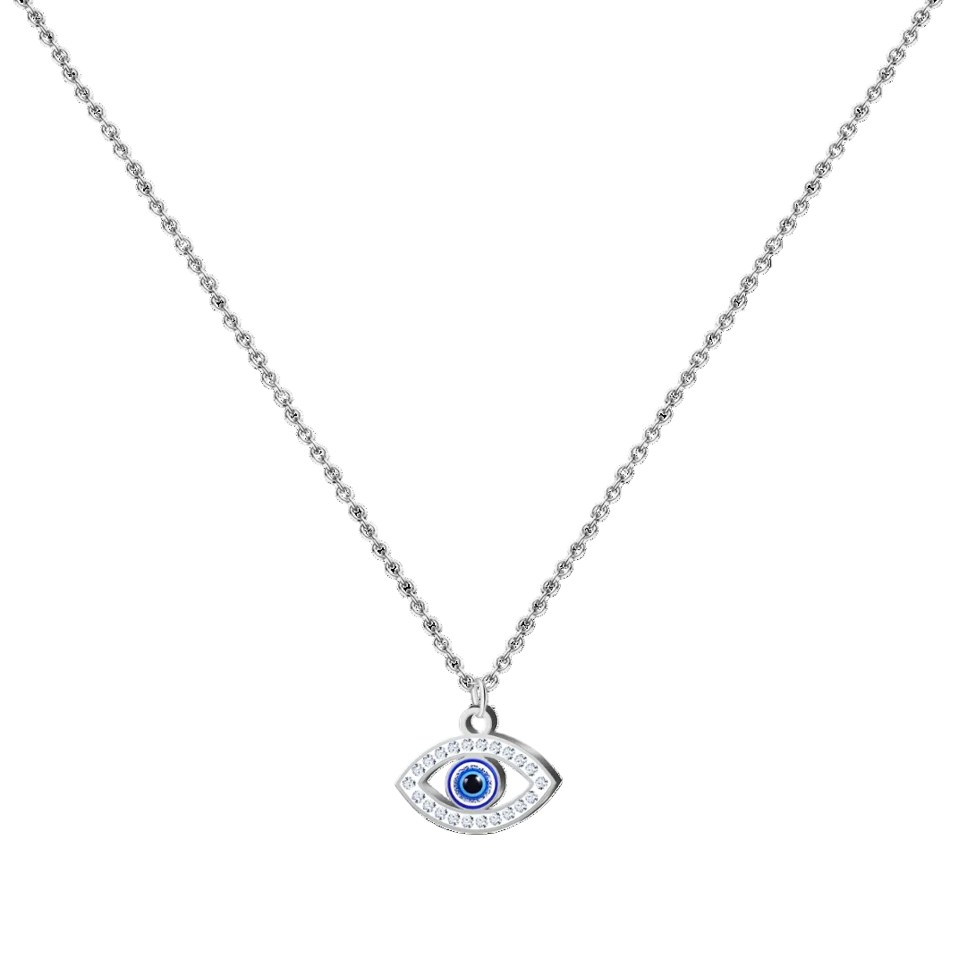Collar de acero inoxidable con colgante de ojo turco azul y cristales brillantes.