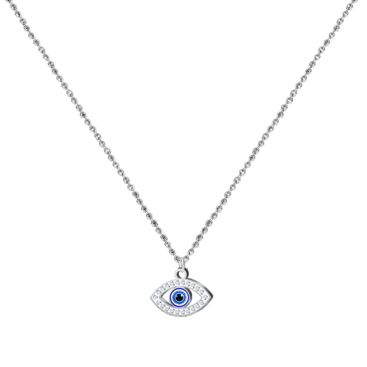 Collar de acero inoxidable con colgante de ojo turco azul y cristales brillantes.