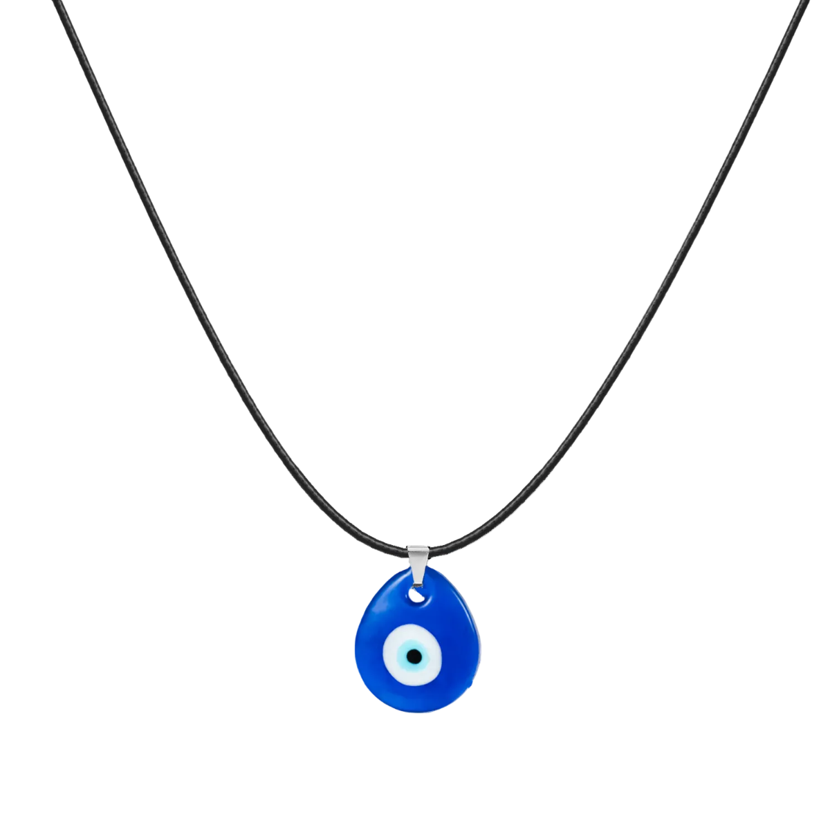 Collar de acero inoxidable plateado con colgante en forma de ojo y cristales brillantes.