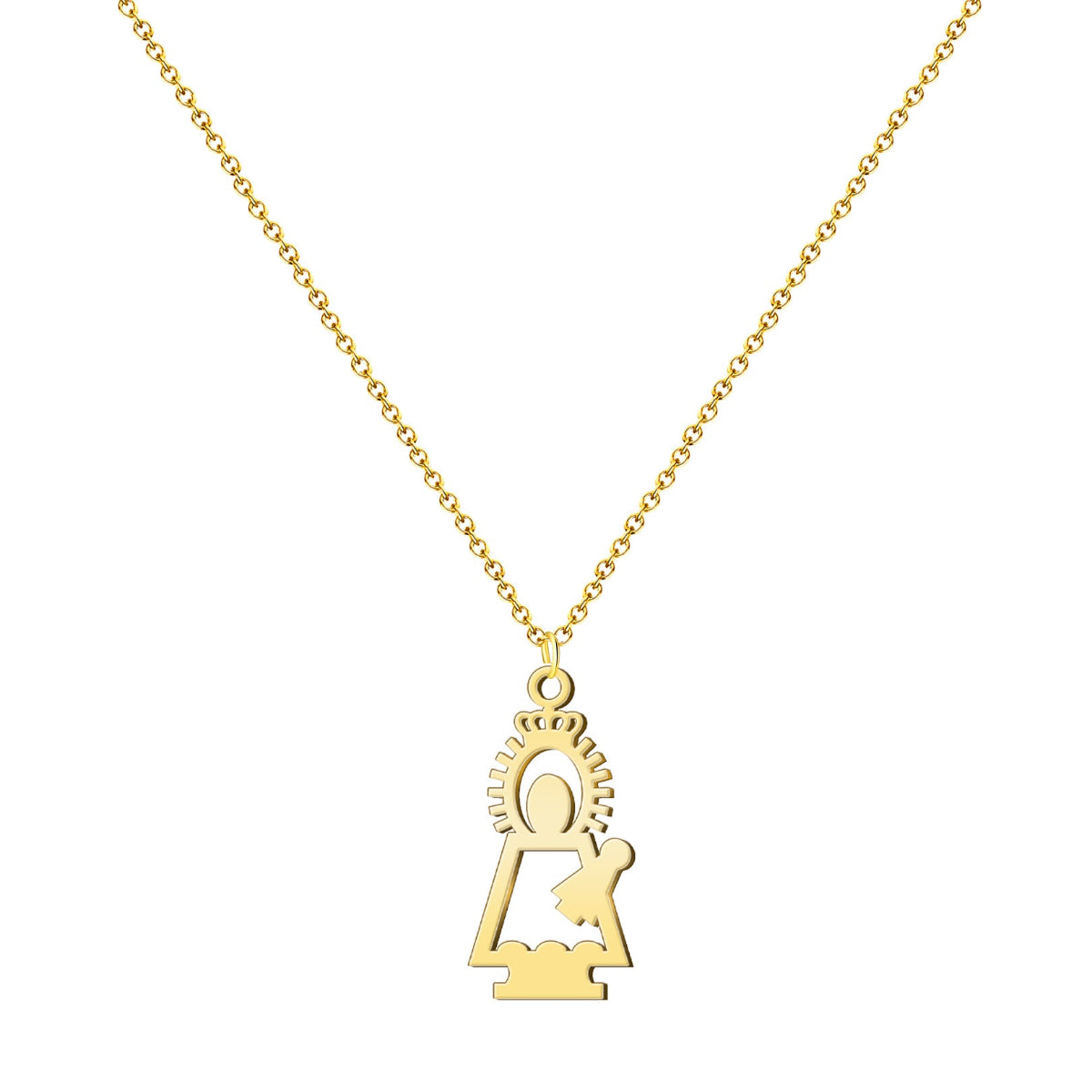 Collar de acero dorado con colgante de silueta calada de la Virgen del Pilar y cadena de eslabones finos.
