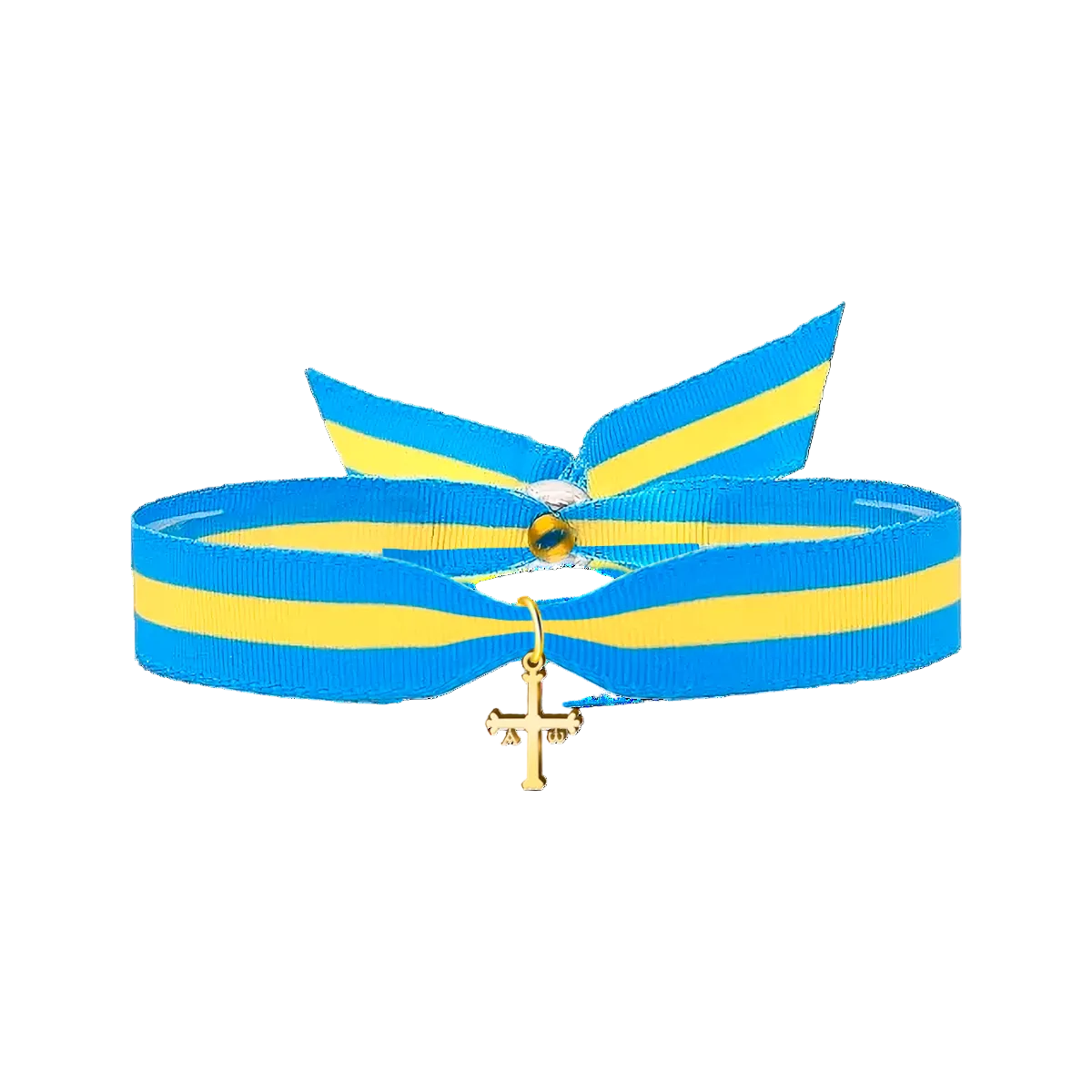 Pulsera de cinta con los colores de la bandera de Asturias y pequeño colgante de la Cruz de la Victoria en acero dorado.