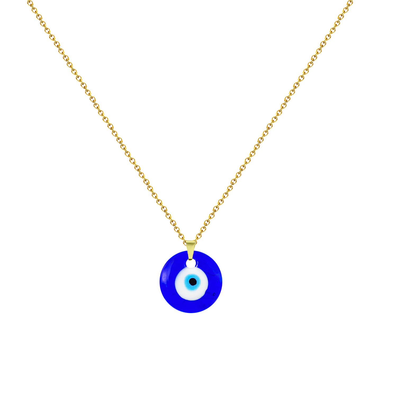 Collar de acero inoxidable dorado con colgante de ojo místico calado con pestañas y ojo turco central azul.