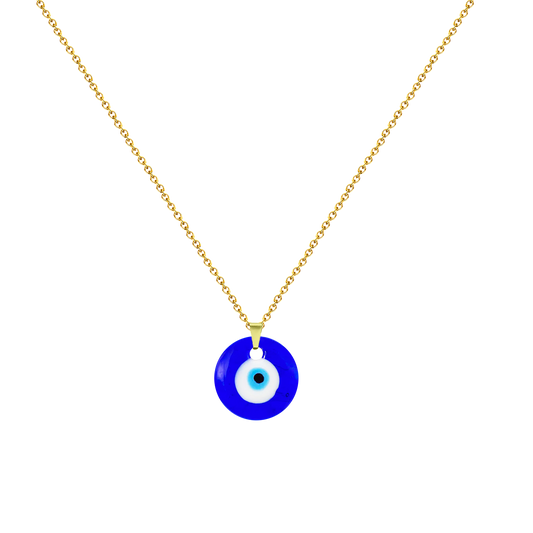 Collar de acero inoxidable dorado con colgante de ojo místico calado con pestañas y ojo turco central azul.