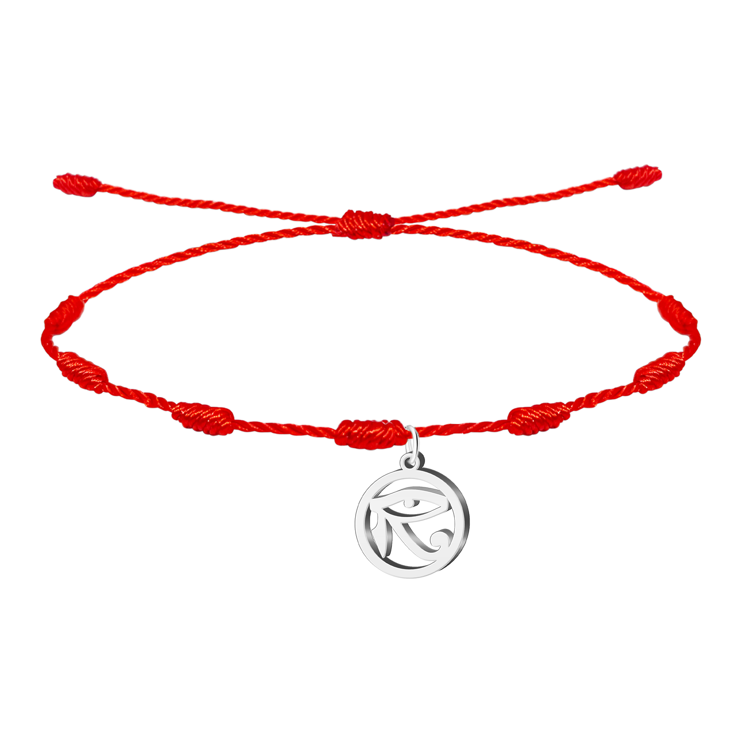 Pulsera roja de 7 nudos con colgante plateado del Ojo de Horus