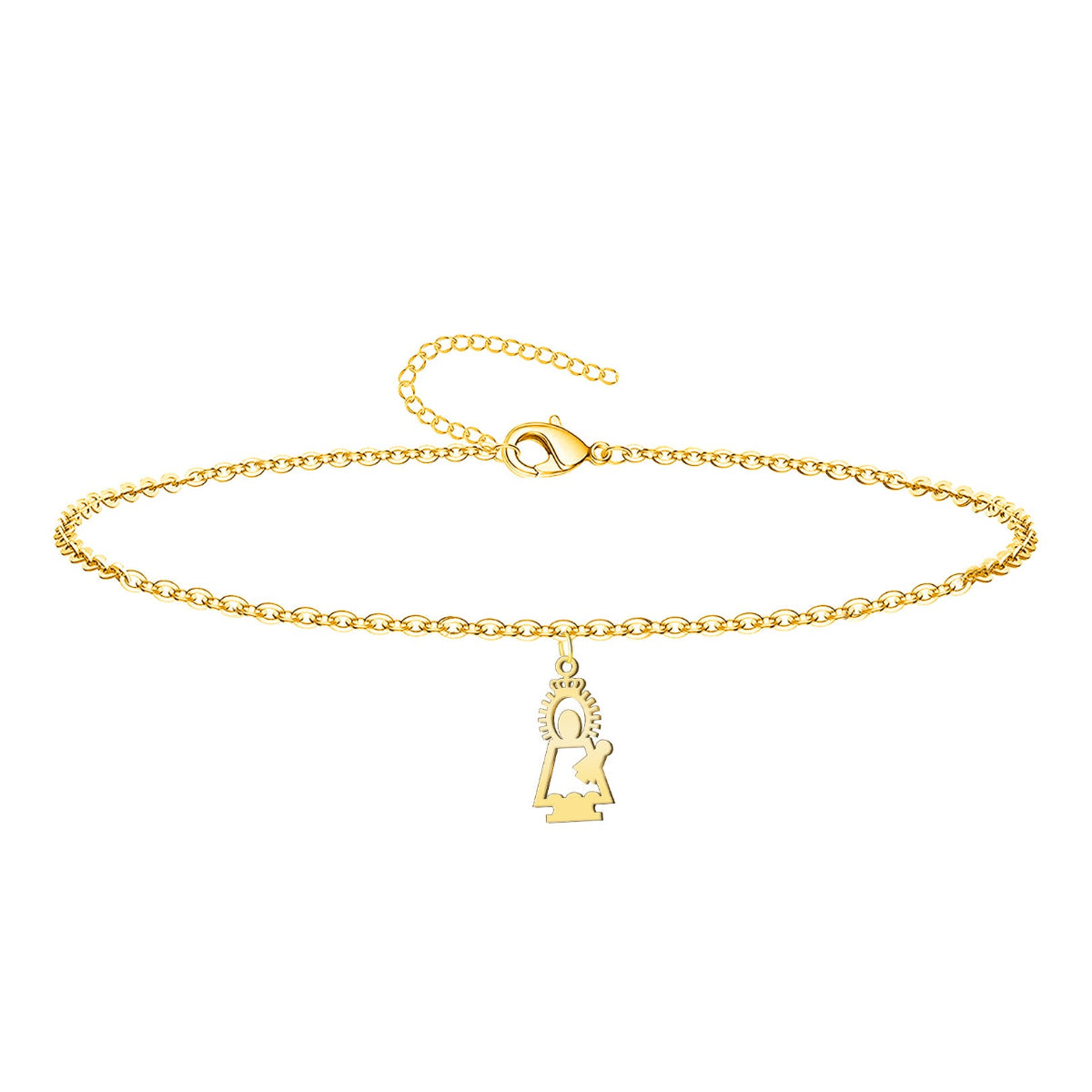 Pulsera de cadena fina dorada en acero inoxidable con colgante de silueta de la Virgen del Pilar