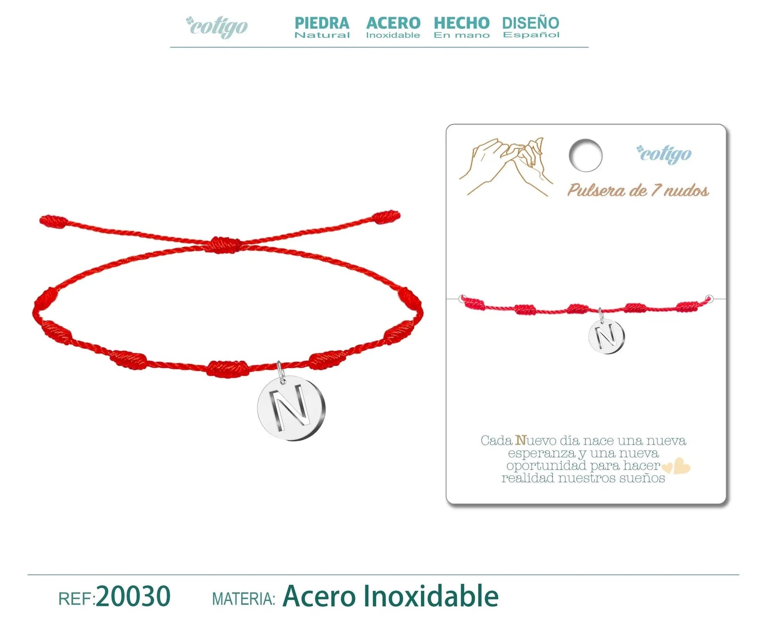 Pulsera 7 Nudos con Letra N Color Plateado