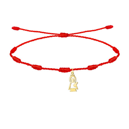 Pulsera de hilo rojo de 7 nudos con colgante de silueta de la Virgen del Pilar en acero dorado