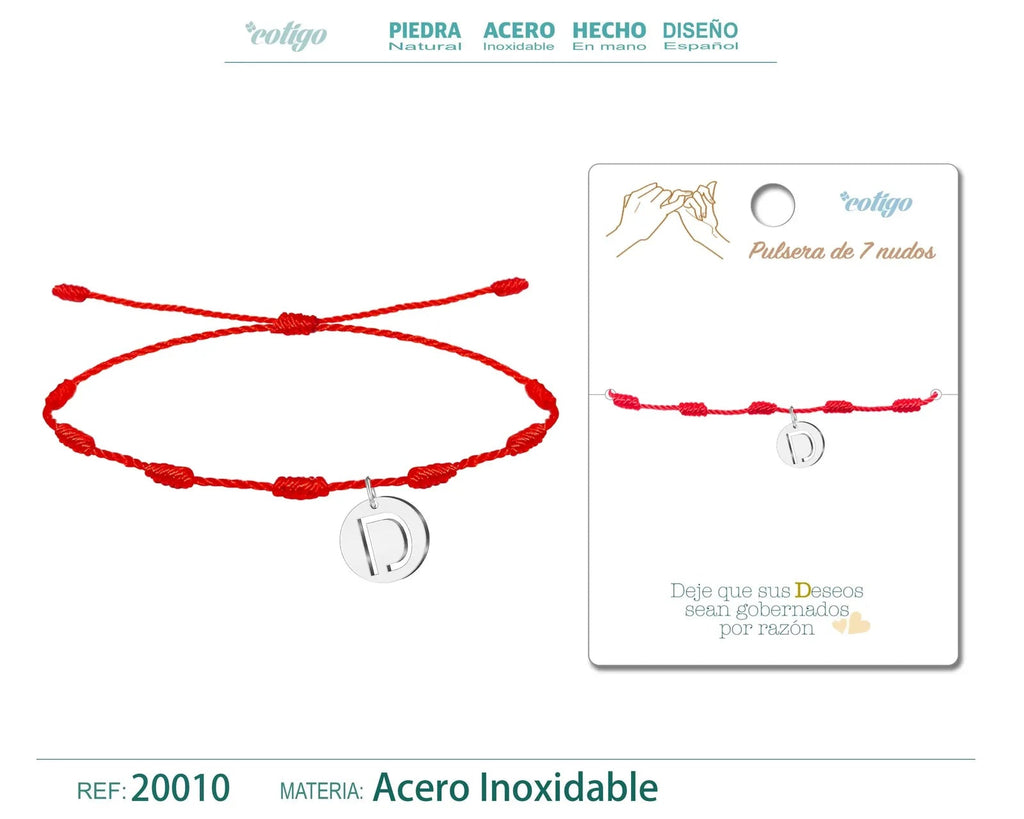 Pulsera 7 Nudos con Letra D Color Plateado
