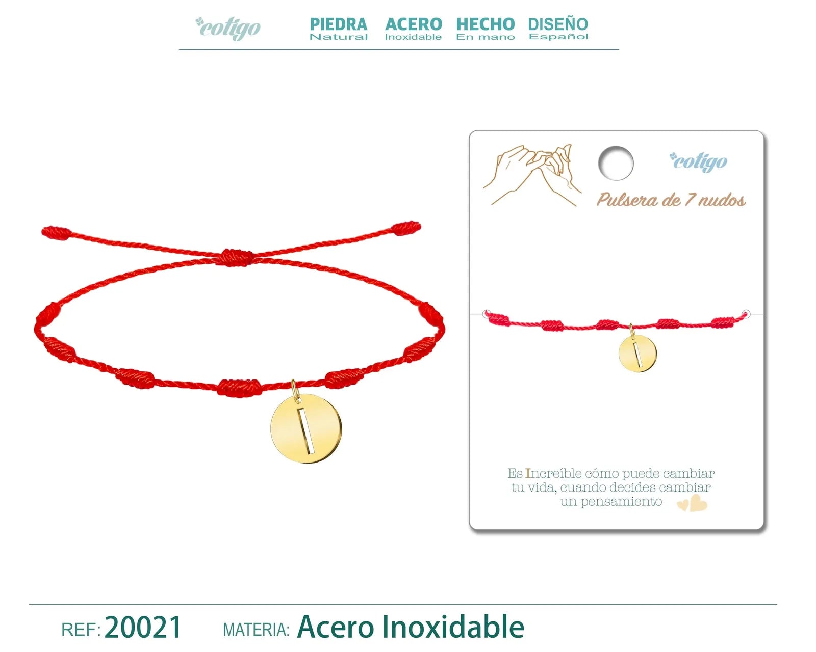 Pulsera 7 Nudos con Letra I Color Dorado